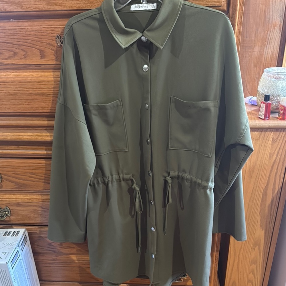 Olive Green Button-Up Shirt with Drawstring Waist
